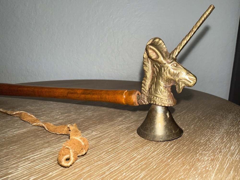 Vintage Brass Unicorn Candle Snuffer Wood Handle 13" Long Extinguisher Patina